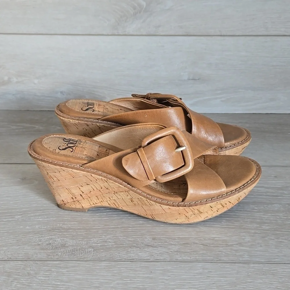 Sofft Women Leather Stylish Tan Wedge Sandals Shoes 7.5M